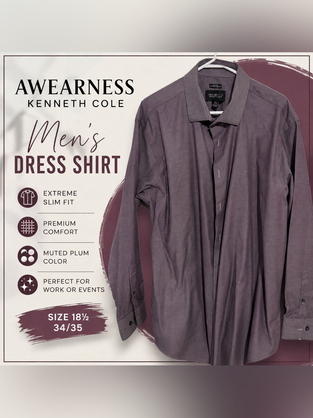 Kenneth Cole AWEARNESS Mens Purple Dress Shirt Slim Fit 18.5 34/35